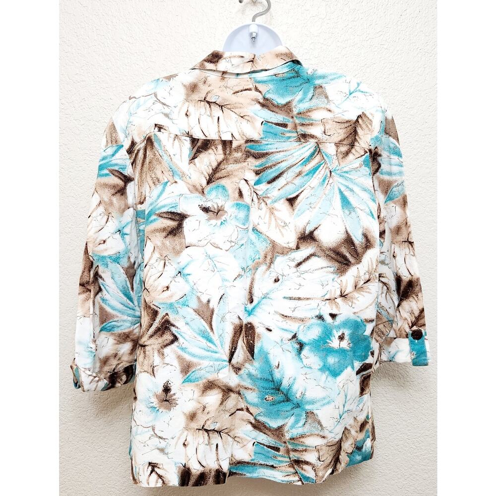 VTG Alfred Dunner Teal Tan Floral Print Button Up Top 14 Lightweight Collard - Picture 4 of 5